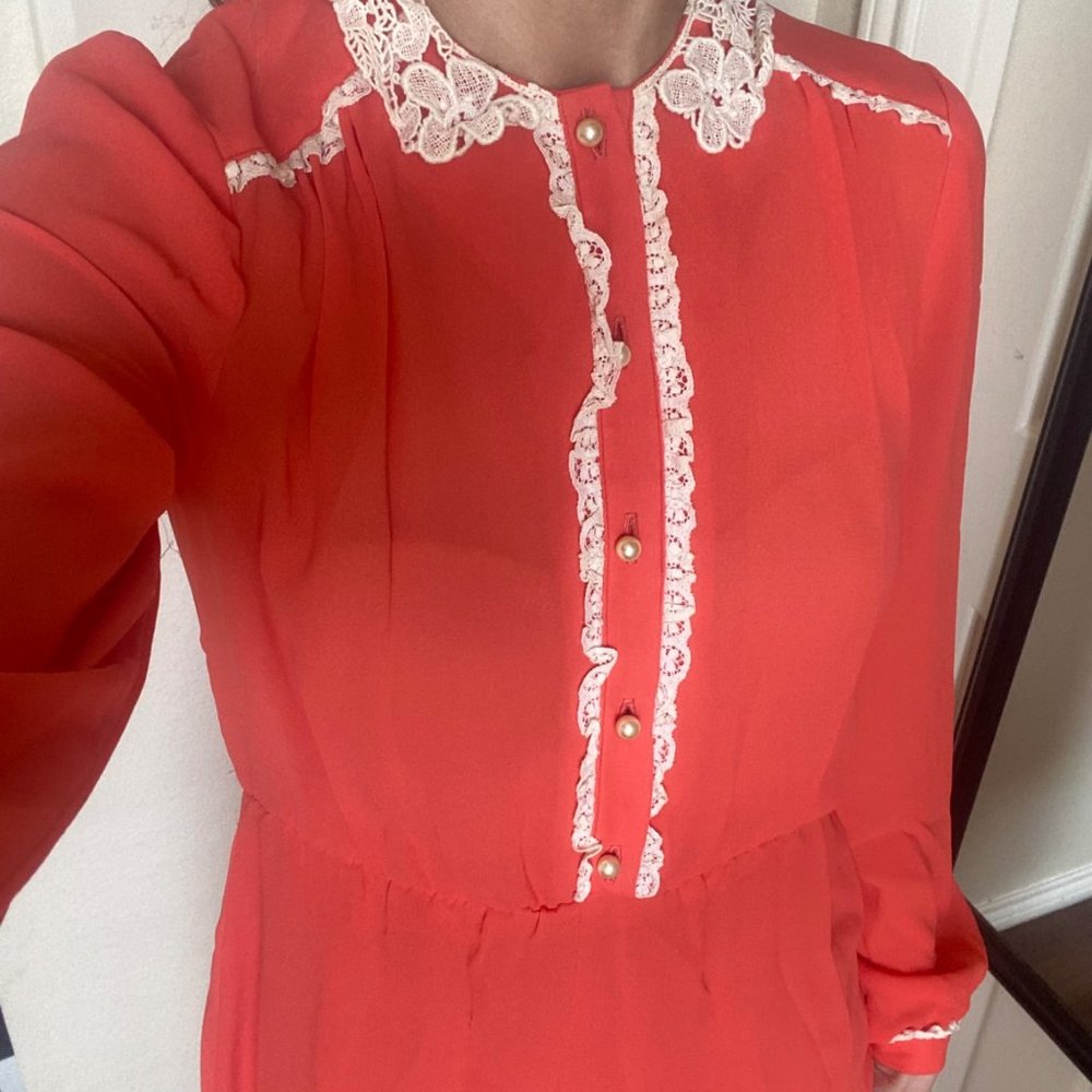 Vintage 1970s handmade orange ivory lace long sleeve a-line midi dress - Picture 6 of 7